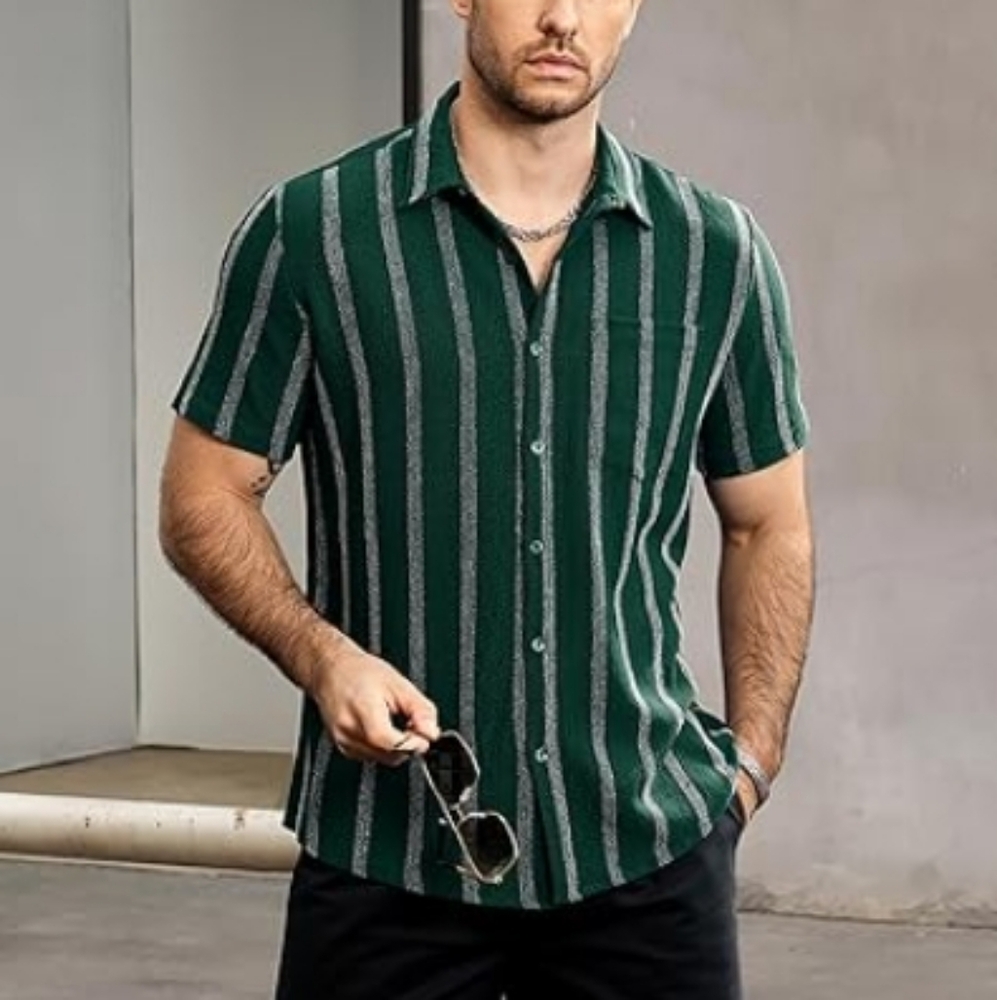 Mens Summer Striped Button Down Short Sleeve Hawaiian Shirt Green